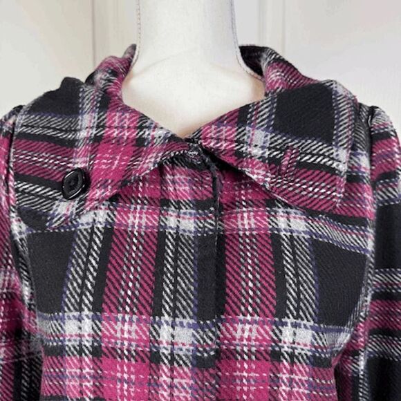 ROXY Wool Blend Pink Black Plaid Peacoat Hidden Button Collared Size Large - Picture 2 of 15